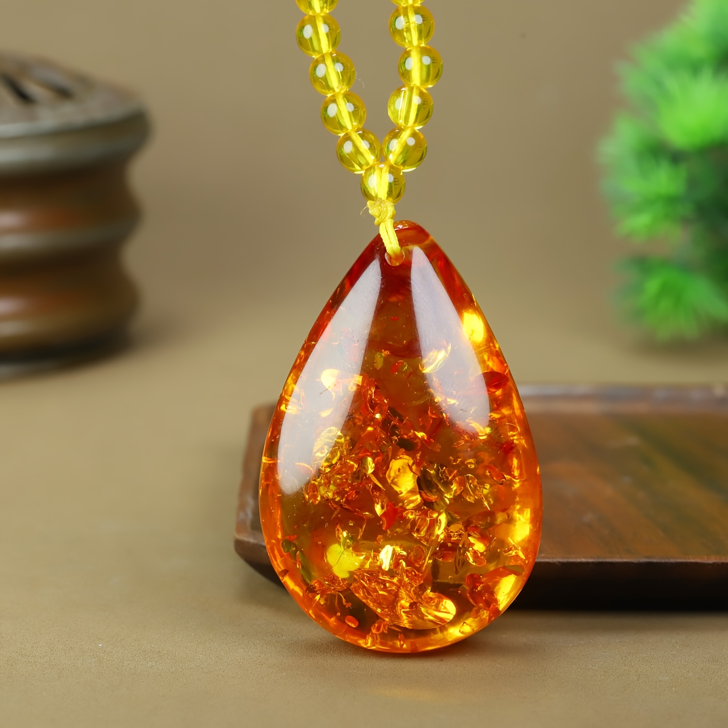 Unisex Yellow Amber Flower Drop Pendant Necklace, Elegant